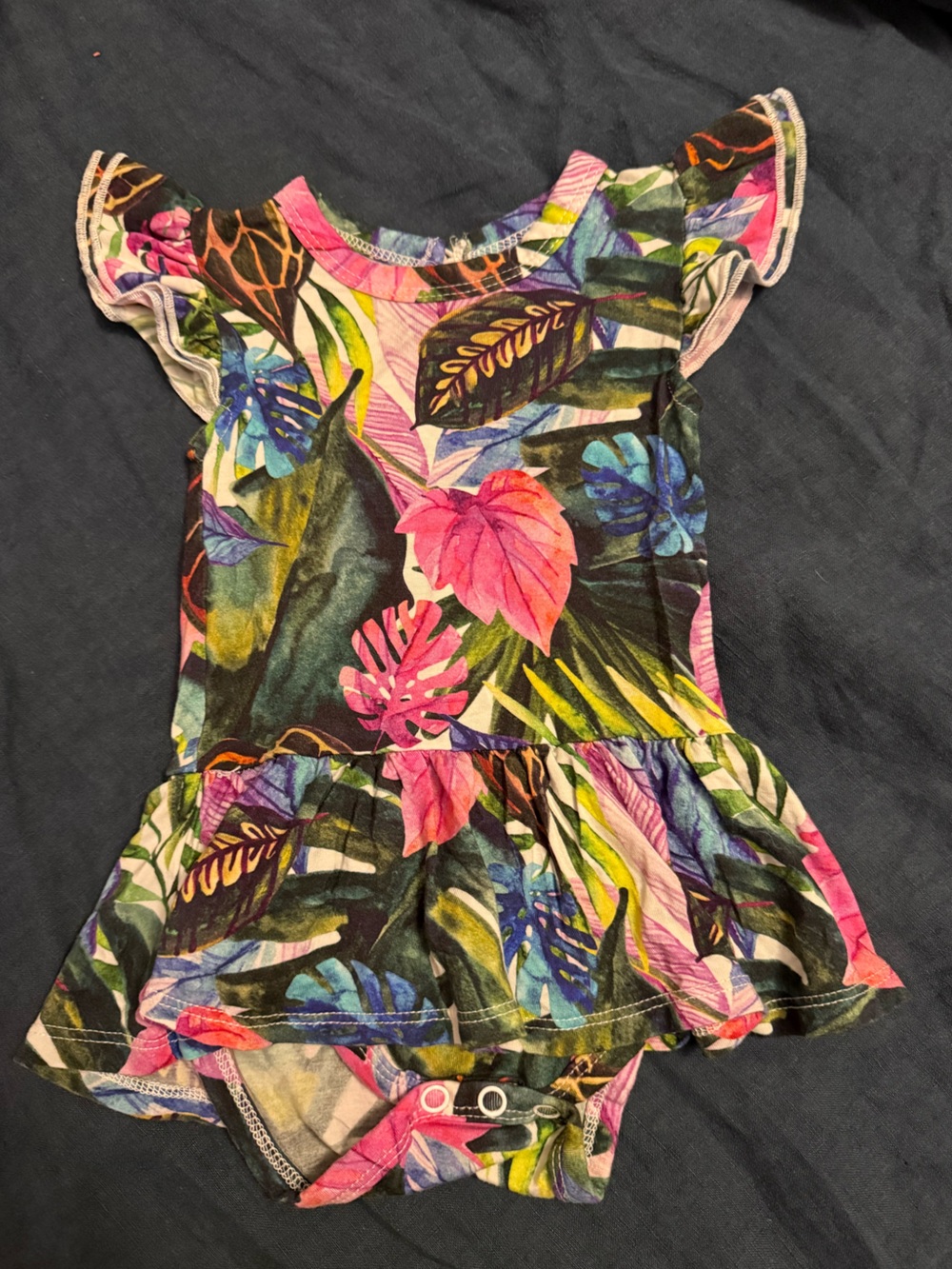 Tropical Leaf Ruffle Baby  bodysuit Dress - Pink & green.